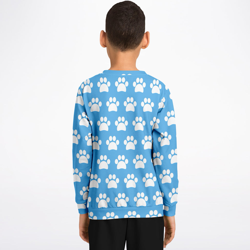 Kids Light Sky Blue Paw Print Sweatshirt – Ultra Soft & Stretchy, Cozy Fleece or Lightweight Sports Fabric Sweatshirt – Ultra Soft & Stretchy, Cozy Fleece or Lightweight Sports Fabric