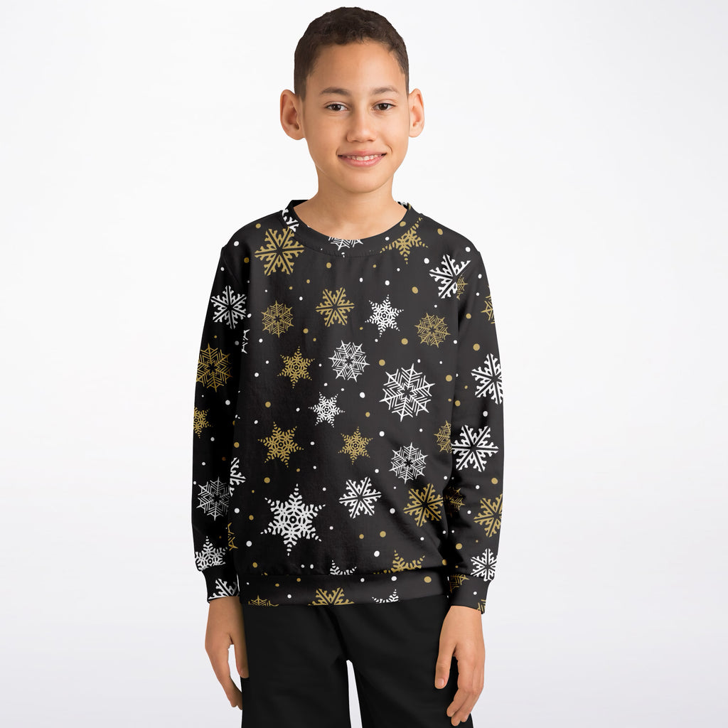 Kids Gold Snowflake Christmas Sweatshirt – Ultra Soft & Stretchy, Cozy Fleece or Lightweight Sports Fabric Sweatshirt – Ultra Soft & Stretchy, Cozy Fleece or Lightweight Sports Fabric