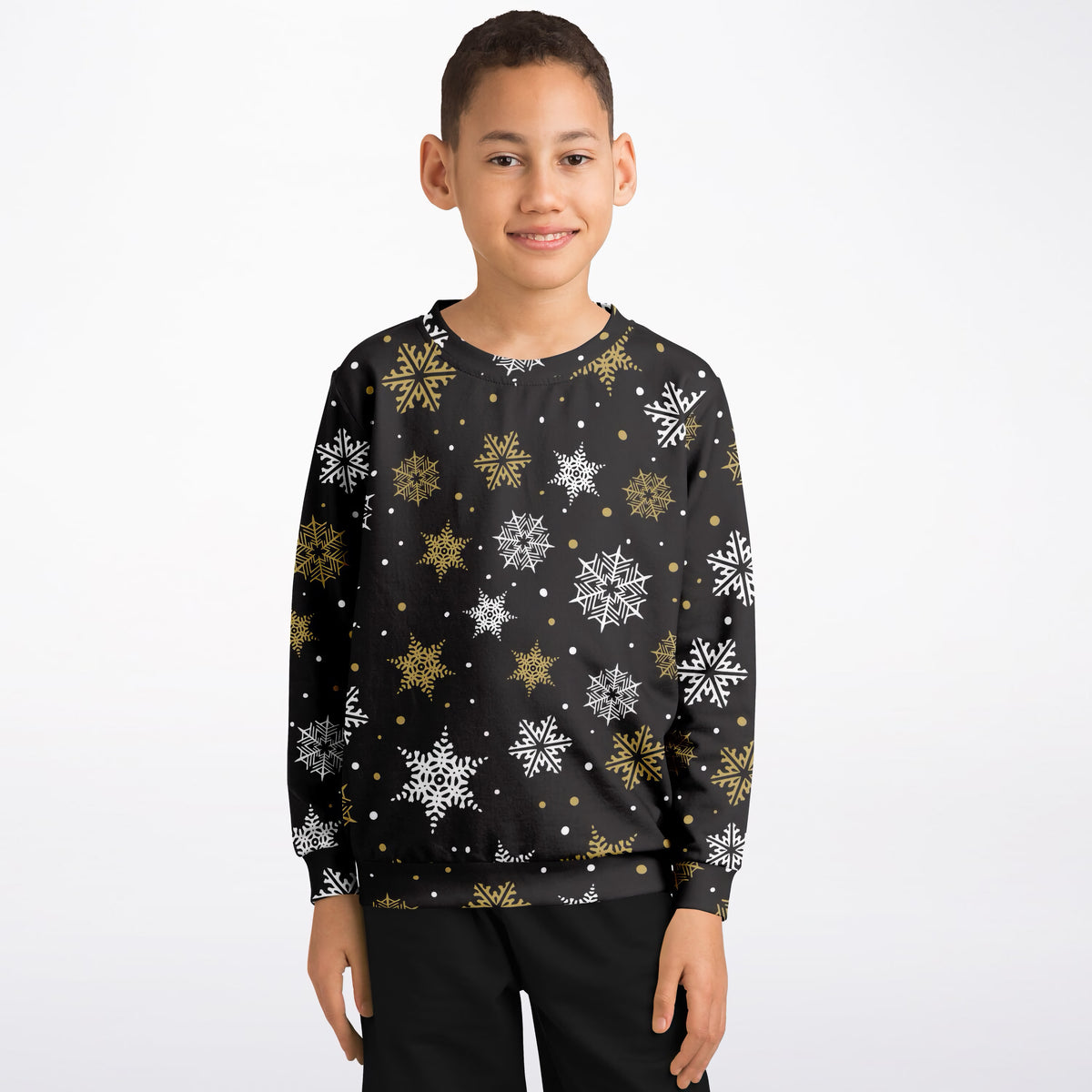 Kids Gold Snowflake Christmas Sweatshirt – Ultra Soft & Stretchy, Cozy Fleece or Lightweight Sports Fabric Sweatshirt – Ultra Soft & Stretchy, Cozy Fleece or Lightweight Sports Fabric