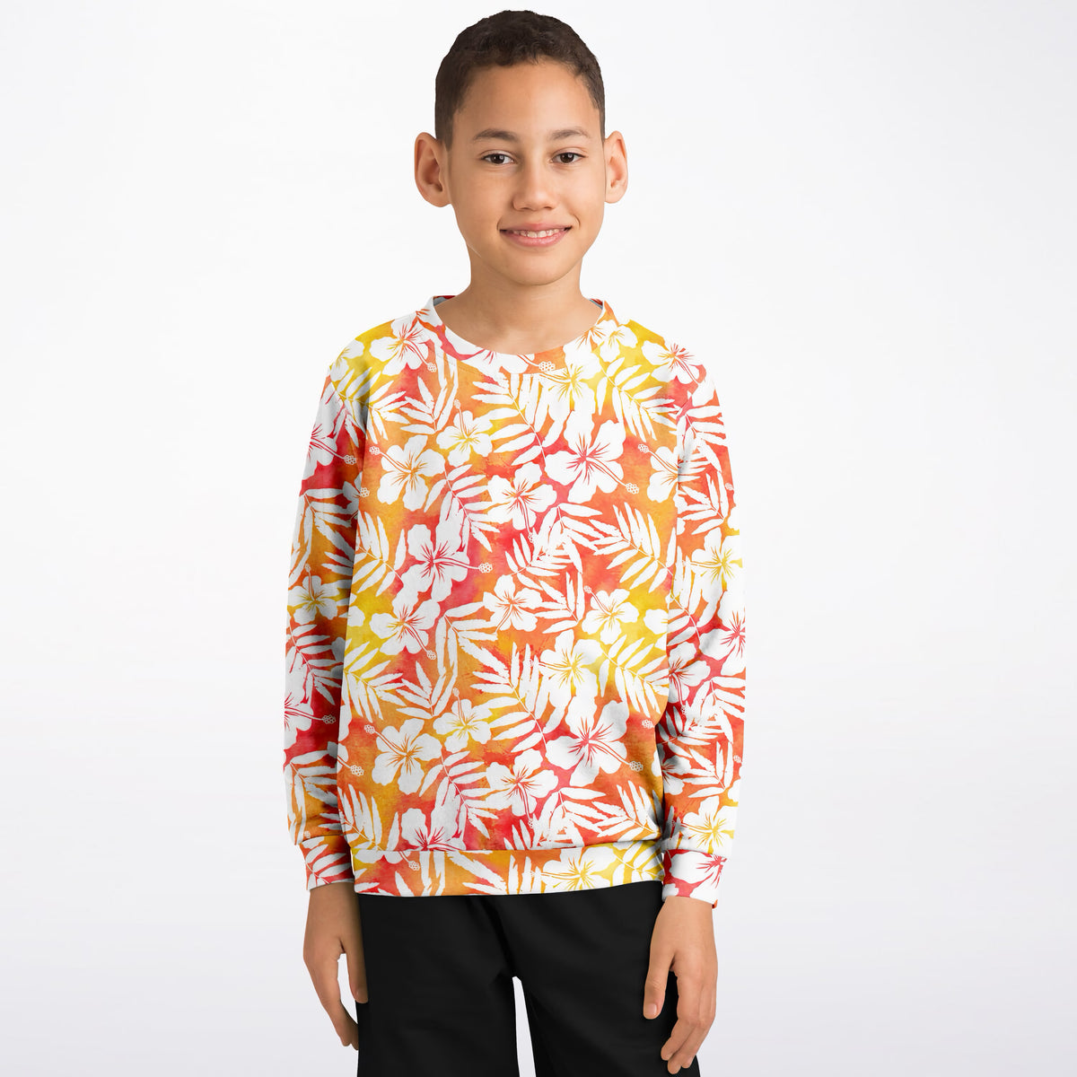 Kids Orange Tropical Hibiscus Sweatshirt – Ultra Soft & Stretchy, Cozy Fleece or Lightweight Sports Fabric Sweatshirt – Ultra Soft & Stretchy, Cozy Fleece or Lightweight Sports Fabric