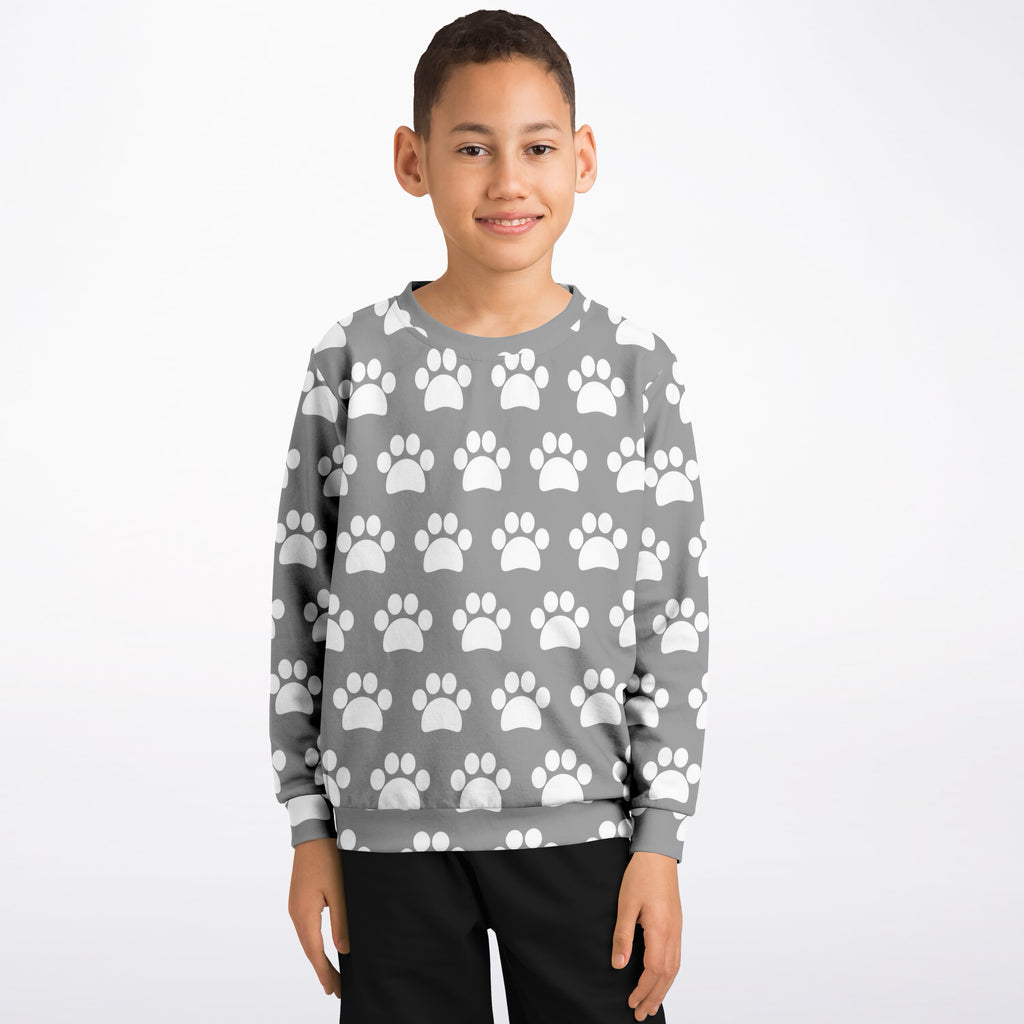 Kids Gray Paw Print Sweatshirt – Ultra Soft & Stretchy, Cozy Fleece or Lightweight Sports Fabric Sweatshirt – Ultra Soft & Stretchy, Cozy Fleece or Lightweight Sports Fabric
