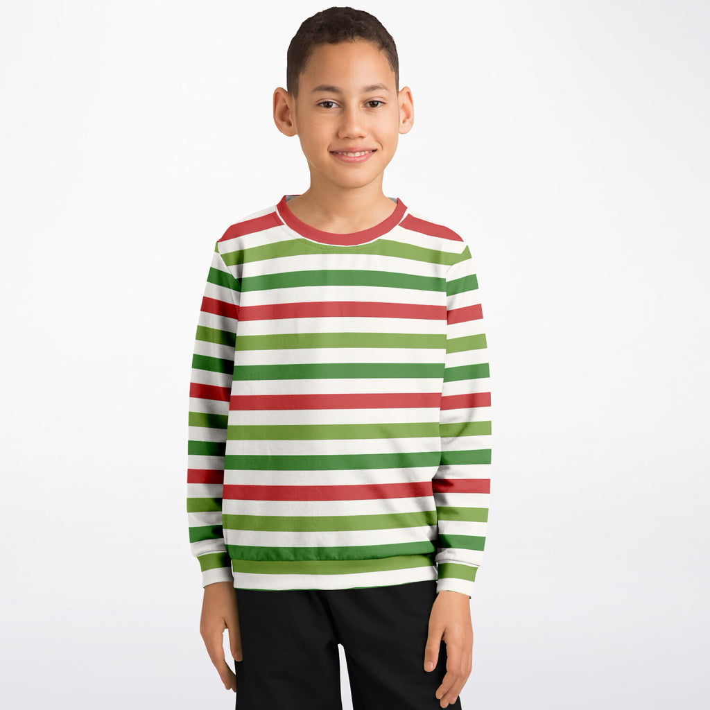 Kids Red Green & White Christmas Striped Sweatshirt – Ultra Soft & Stretchy, Cozy Fleece or Lightweight Sports Fabric Sweatshirt – Ultra Soft & Stretchy, Cozy Fleece or Lightweight Sports Fabric