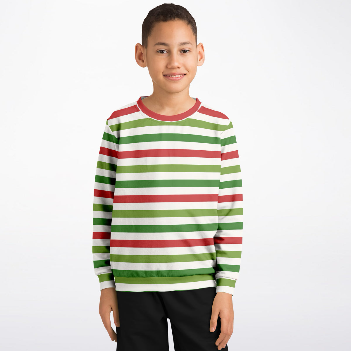 Kids Red Green & White Christmas Striped Sweatshirt – Ultra Soft & Stretchy, Cozy Fleece or Lightweight Sports Fabric Sweatshirt – Ultra Soft & Stretchy, Cozy Fleece or Lightweight Sports Fabric