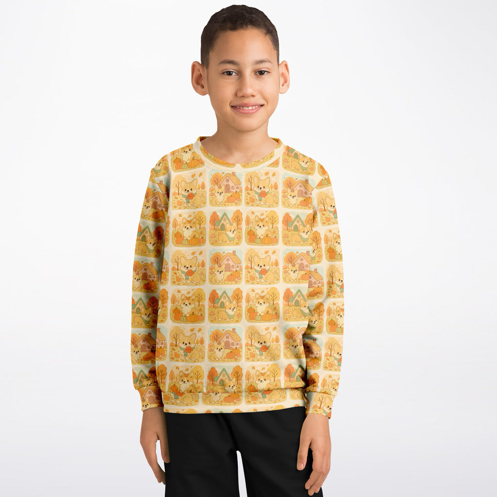 Kids Autumn Corgi Dog Sweatshirt – Ultra Soft & Stretchy, Cozy Fleece or Lightweight Sports Fabric Sweatshirt – Ultra Soft & Stretchy, Cozy Fleece or Lightweight Sports Fabric