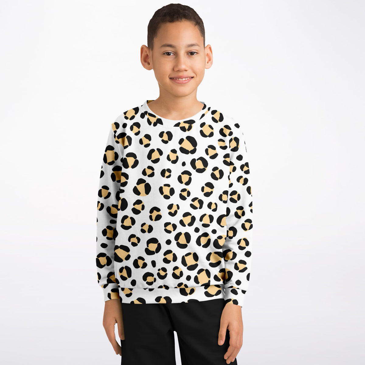 Kids Black & Tan Leopard Print Sweatshirt – Ultra Soft & Stretchy, Cozy Fleece or Lightweight Sports Fabric Sweatshirt – Ultra Soft & Stretchy, Cozy Fleece or Lightweight Sports Fabric
