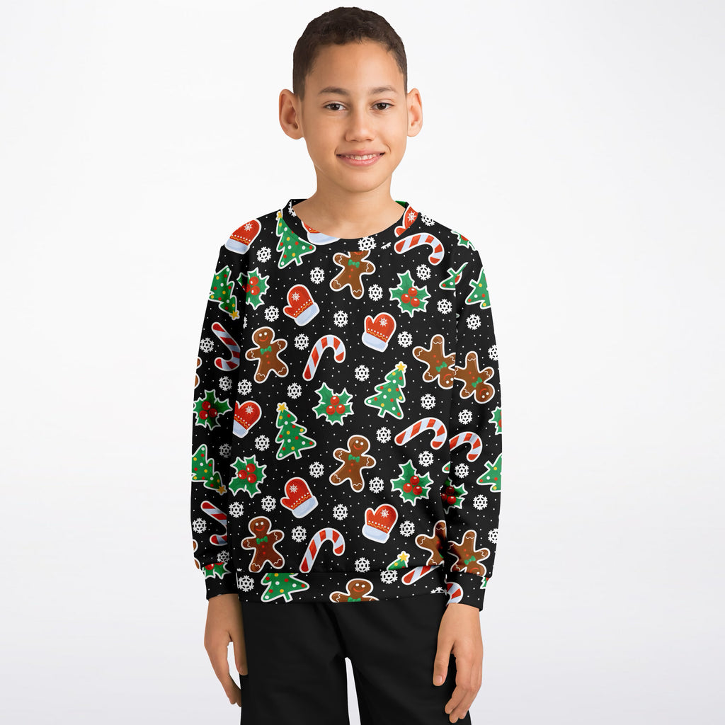 Kids Black Gingerbread Christmas Sweatshirt – Ultra Soft & Stretchy, Cozy Fleece or Lightweight Sports Fabric Sweatshirt – Ultra Soft & Stretchy, Cozy Fleece or Lightweight Sports Fabric