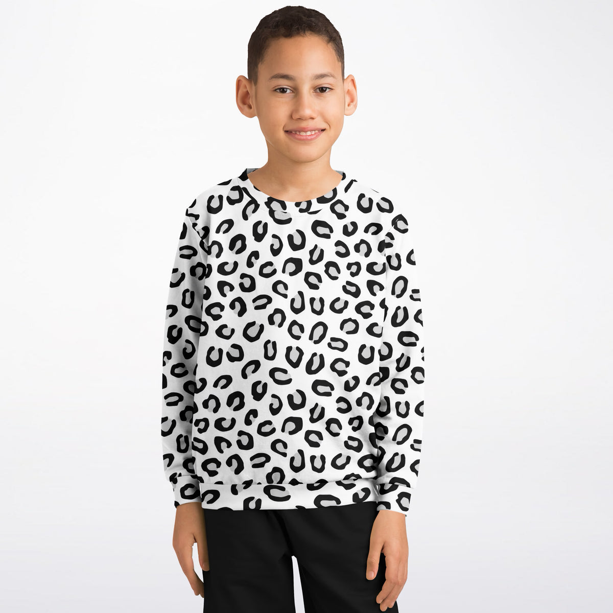 Kids Black & White Leopard Print Sweatshirt – Ultra Soft & Stretchy, Cozy Fleece or Lightweight Sports Fabric Sweatshirt – Ultra Soft & Stretchy, Cozy Fleece or Lightweight Sports Fabric