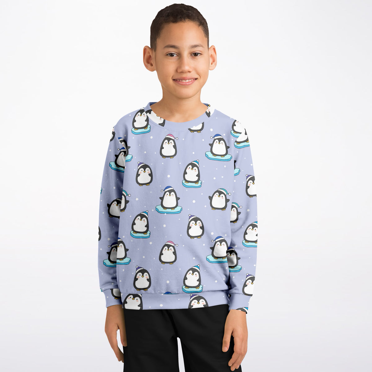 Kids Light Purple Penguin & Snowman Christmas Sweatshirt – Ultra Soft & Stretchy, Cozy Fleece or Lightweight Sports Fabric Sweatshirt – Ultra Soft & Stretchy, Cozy Fleece or Lightweight Sports Fabric
