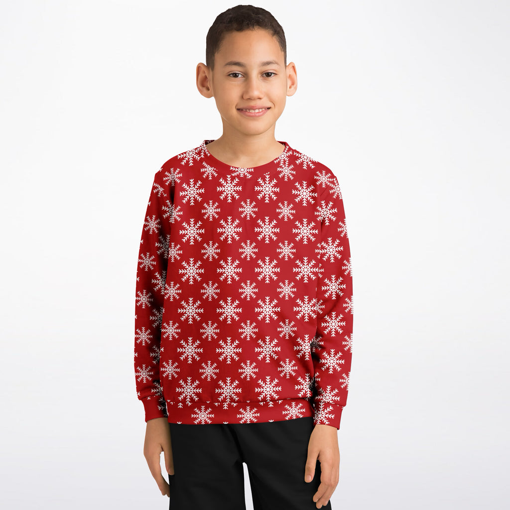 Kids Red Christmas Snowflake Sweatshirt – Ultra Soft & Stretchy, Cozy Fleece or Lightweight Sports Fabric Sweatshirt – Ultra Soft & Stretchy, Cozy Fleece or Lightweight Sports Fabric