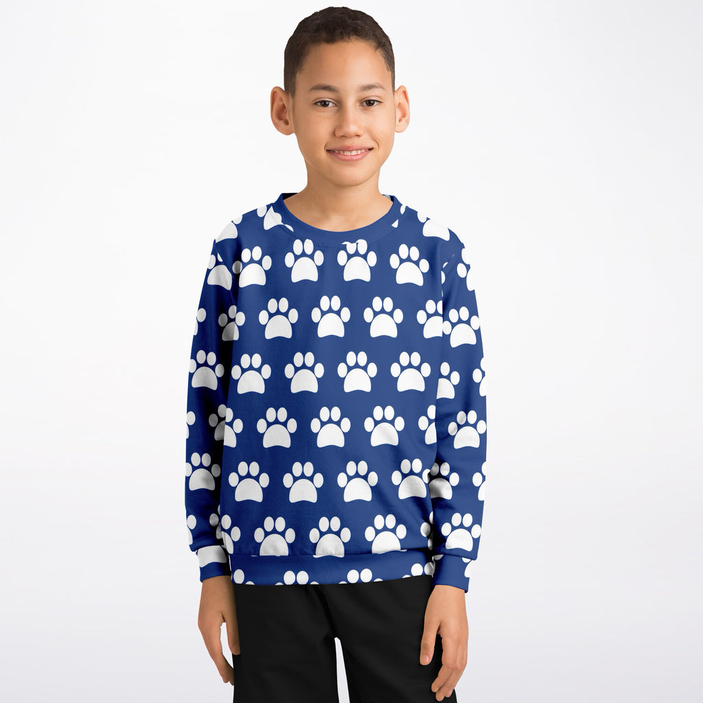 Kids Dark Blue Paw Print Sweatshirt – Ultra Soft & Stretchy, Cozy Fleece or Lightweight Sports Fabric Sweatshirt – Ultra Soft & Stretchy, Cozy Fleece or Lightweight Sports Fabric