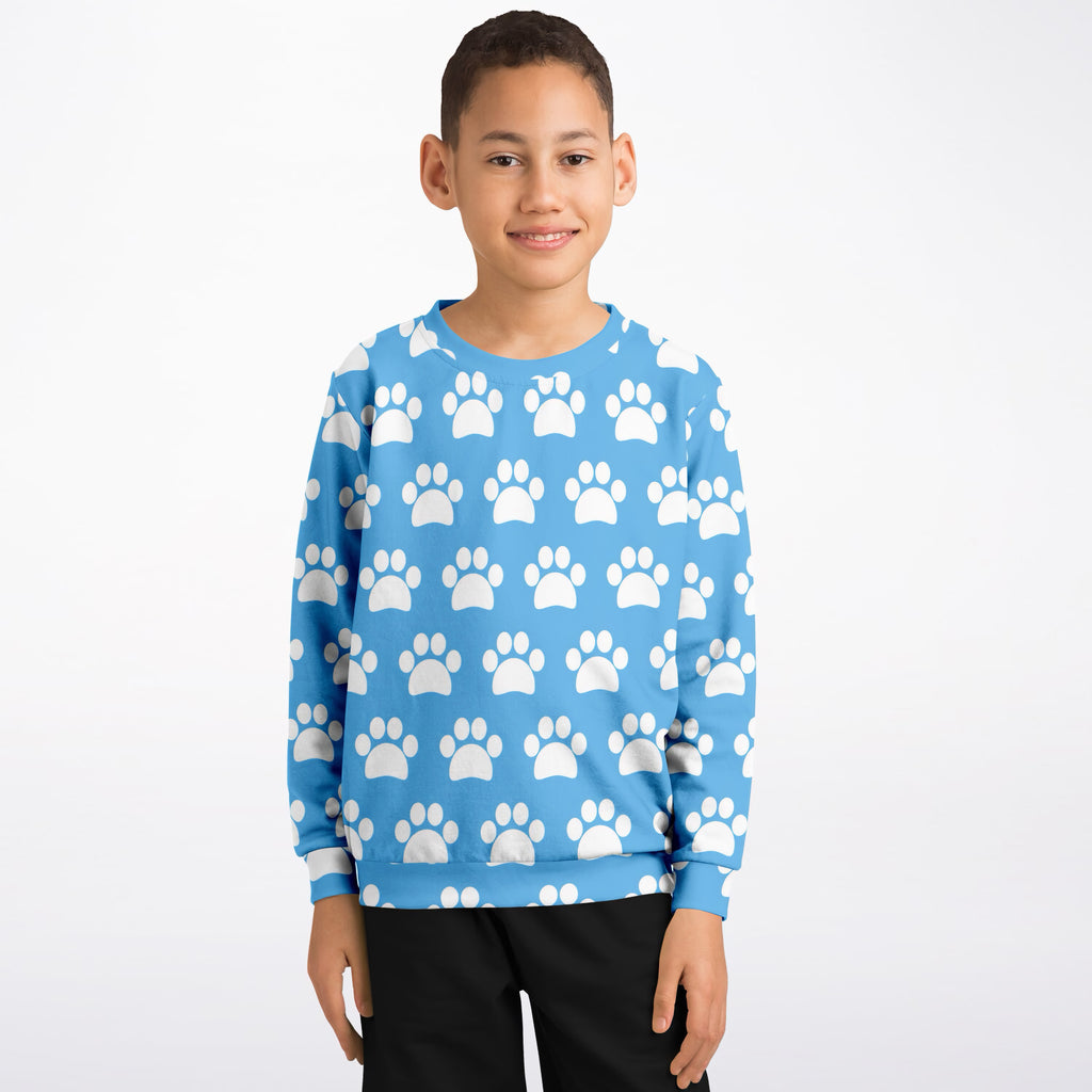 Kids Light Sky Blue Paw Print Sweatshirt – Ultra Soft & Stretchy, Cozy Fleece or Lightweight Sports Fabric Sweatshirt – Ultra Soft & Stretchy, Cozy Fleece or Lightweight Sports Fabric