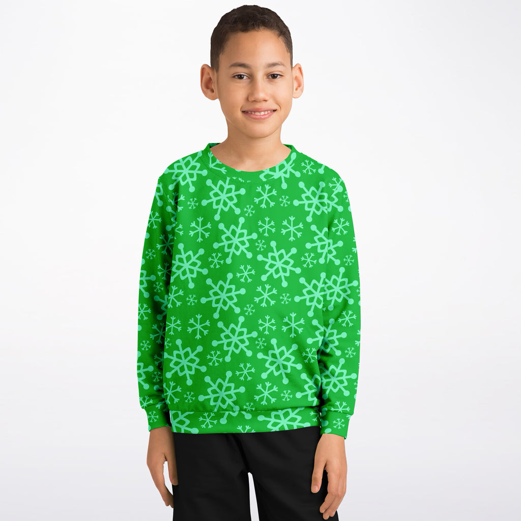 Kids Green Snowflake Christmas Sweatshirt – Ultra Soft & Stretchy, Cozy Fleece or Lightweight Sports Fabric Sweatshirt – Ultra Soft & Stretchy, Cozy Fleece or Lightweight Sports Fabric