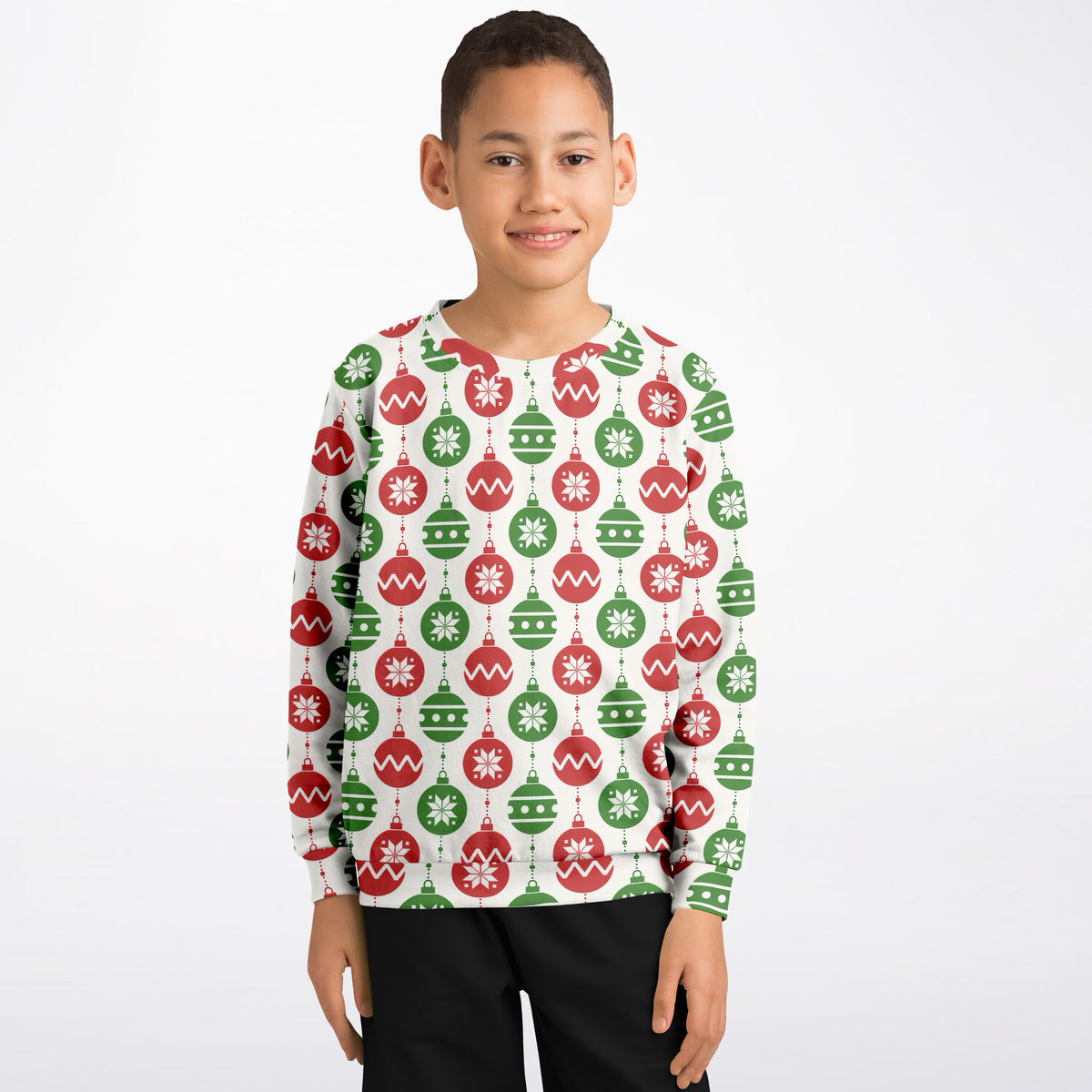 Kids Red & Green Christmas Ornament Sweatshirt – Ultra Soft & Stretchy, Cozy Fleece or Lightweight Sports Fabric Sweatshirt – Ultra Soft & Stretchy, Cozy Fleece or Lightweight Sports Fabric