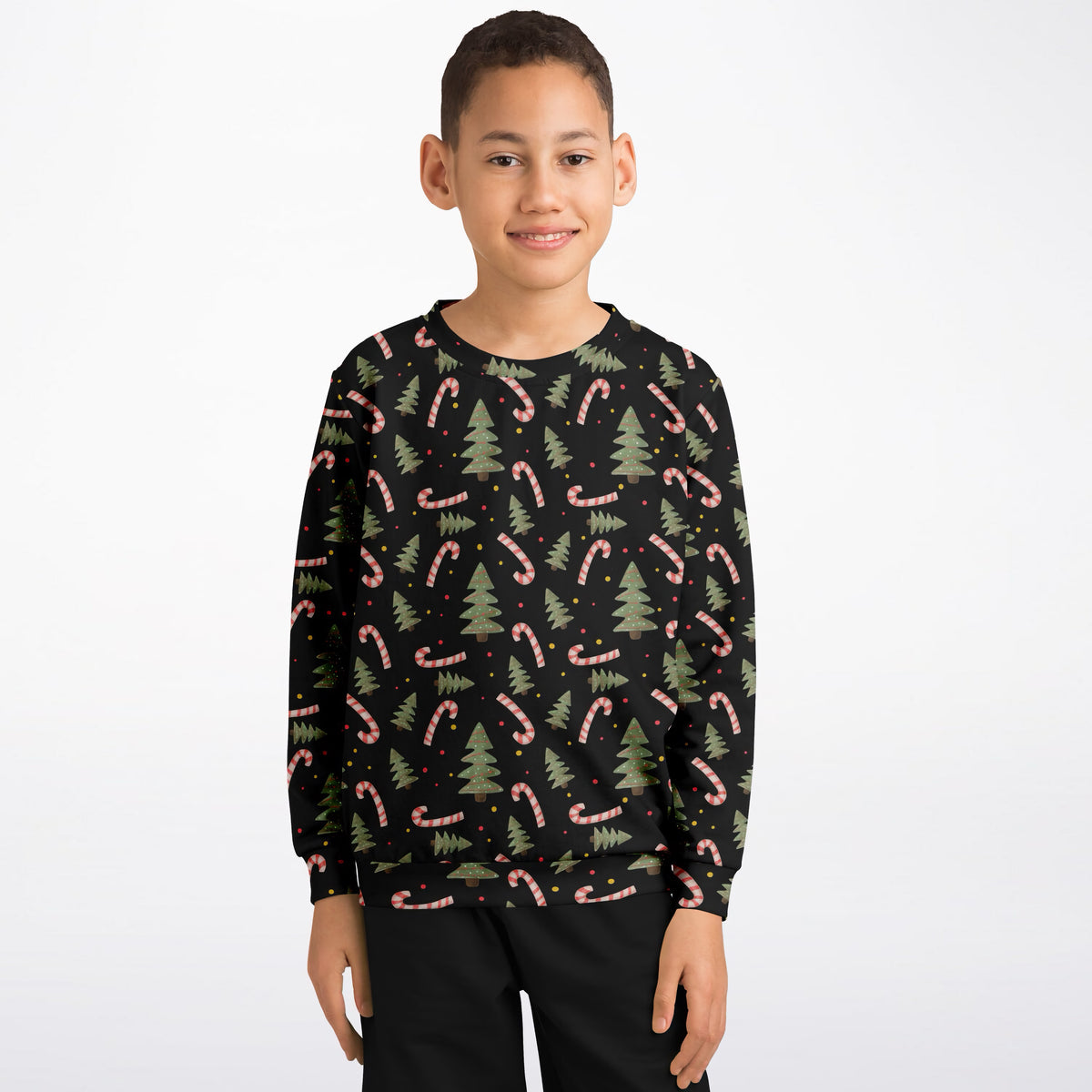 Kids Christmas Tree & Candy Cane Sweatshirt – Ultra Soft & Stretchy, Cozy Fleece or Lightweight Sports Fabric Sweatshirt – Ultra Soft & Stretchy, Cozy Fleece or Lightweight Sports Fabric