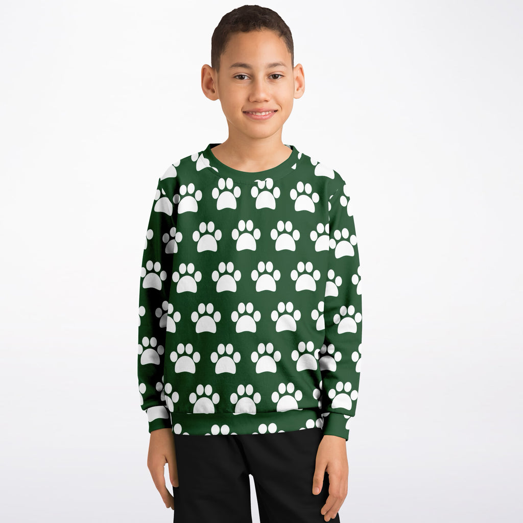 Kids Forest Green Paw Print Sweatshirt – Ultra Soft & Stretchy, Cozy Fleece or Lightweight Sports Fabric Sweatshirt – Ultra Soft & Stretchy, Cozy Fleece or Lightweight Sports Fabric
