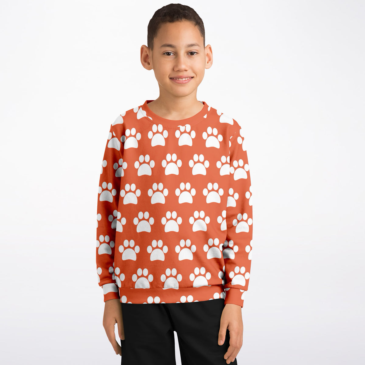 Kids Bright Orange Paw Print Sweatshirt – Ultra Soft & Stretchy, Cozy Fleece or Lightweight Sports Fabric Sweatshirt – Ultra Soft & Stretchy, Cozy Fleece or Lightweight Sports Fabric