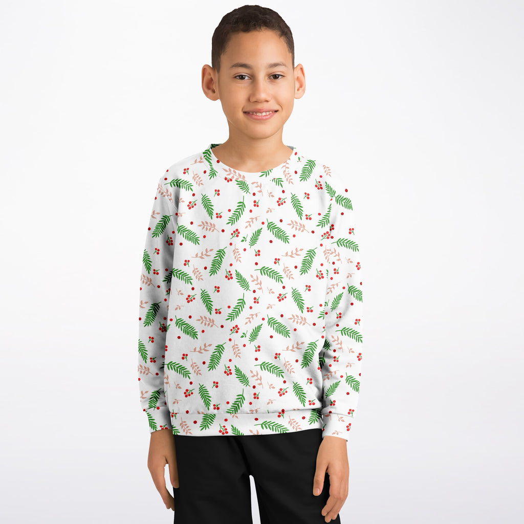 Kids Christmas Greenery and Red Berry Sweatshirt – Ultra Soft & Stretchy, Cozy Fleece or Lightweight Sports Fabric Sweatshirt – Ultra Soft & Stretchy, Cozy Fleece or Lightweight Sports Fabric