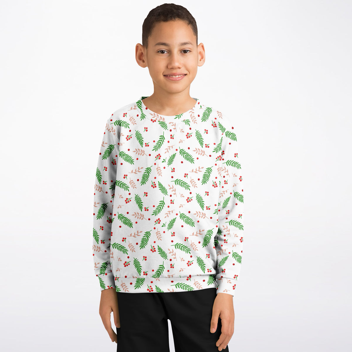 Kids Christmas Greenery and Red Berry Sweatshirt – Ultra Soft & Stretchy, Cozy Fleece or Lightweight Sports Fabric Sweatshirt – Ultra Soft & Stretchy, Cozy Fleece or Lightweight Sports Fabric