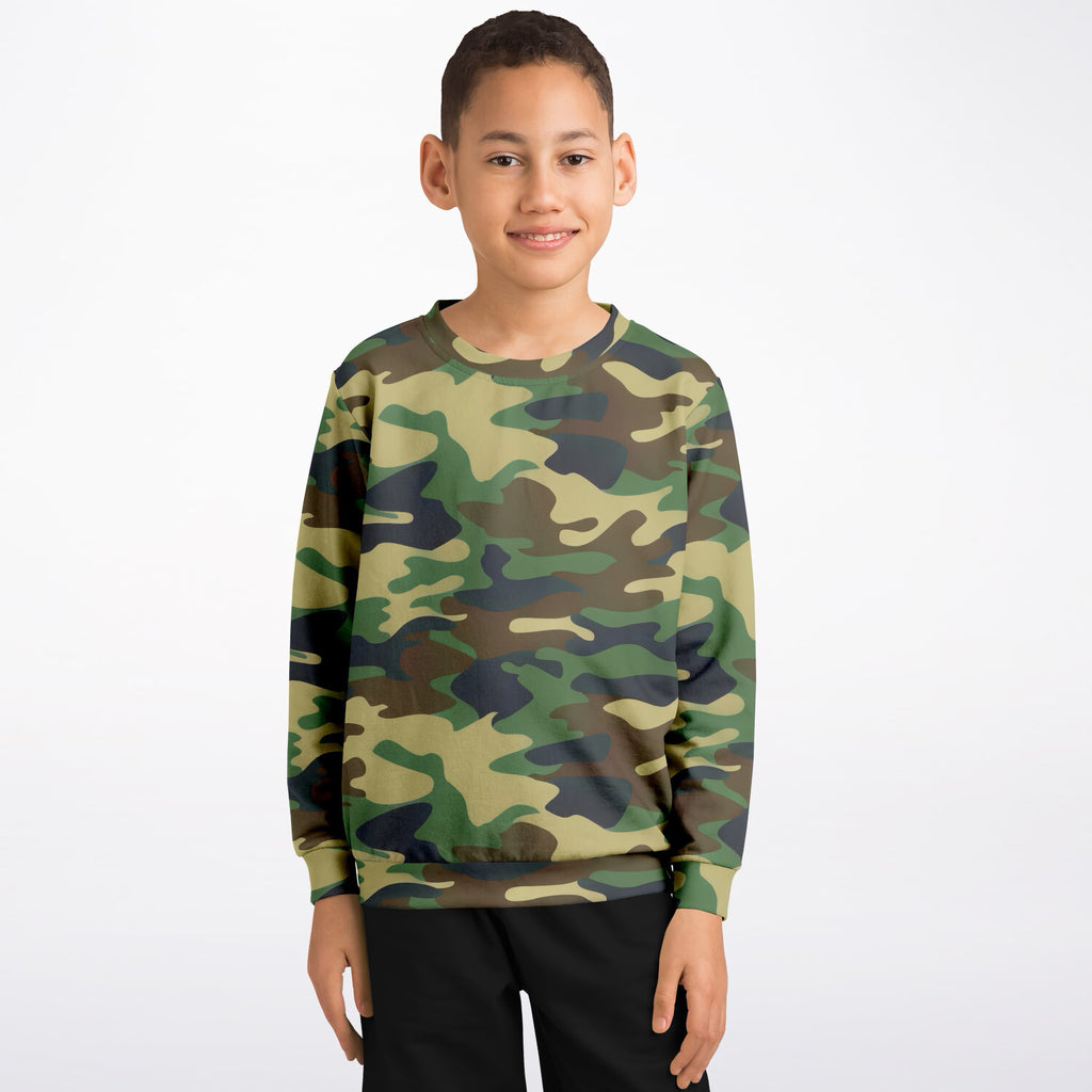 Kids Green Woodland Camouflage Sweatshirt – Ultra Soft & Stretchy, Cozy Fleece or Lightweight Sports Fabric Sweatshirt – Ultra Soft & Stretchy, Cozy Fleece or Lightweight Sports Fabric