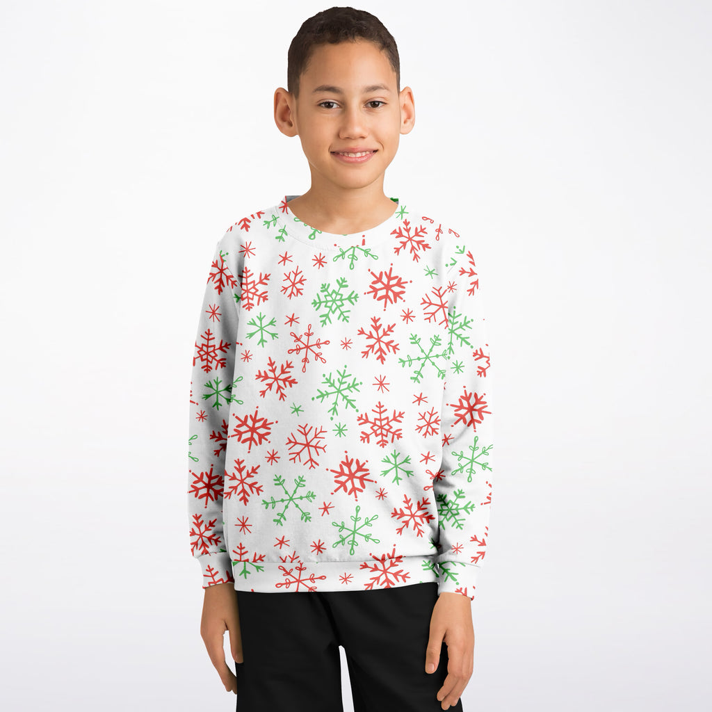 Kids Red & Green Snowflakes Christmas Sweatshirt – Ultra Soft & Stretchy, Cozy Fleece or Lightweight Sports Fabric Sweatshirt – Ultra Soft & Stretchy, Cozy Fleece or Lightweight Sports Fabric