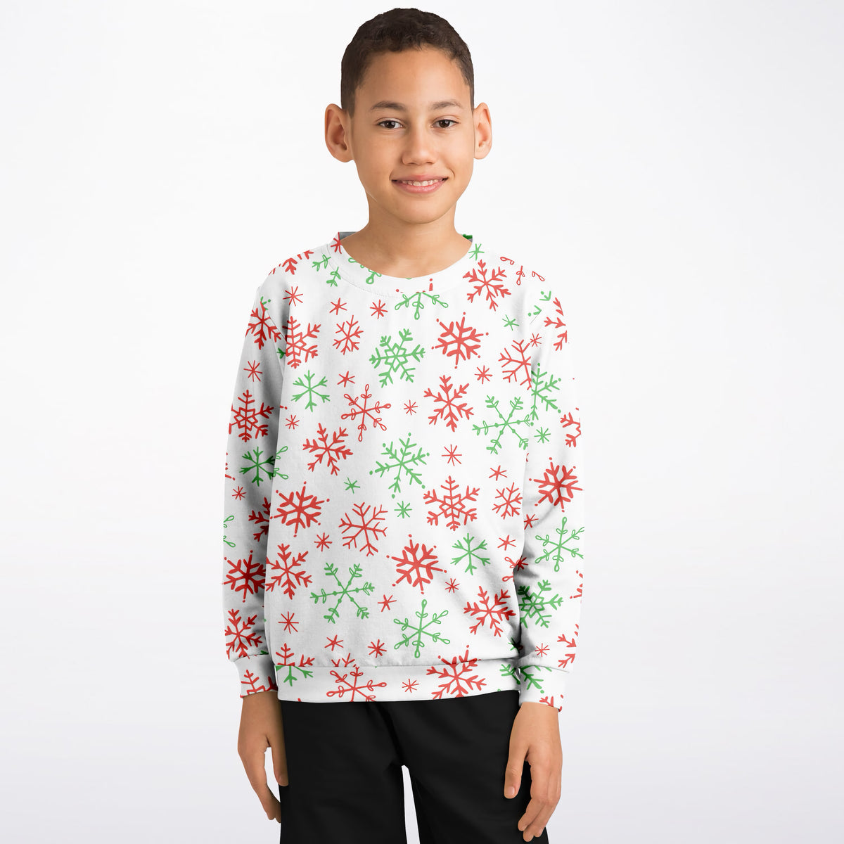 Kids Red & Green Snowflakes Christmas Sweatshirt – Ultra Soft & Stretchy, Cozy Fleece or Lightweight Sports Fabric Sweatshirt – Ultra Soft & Stretchy, Cozy Fleece or Lightweight Sports Fabric