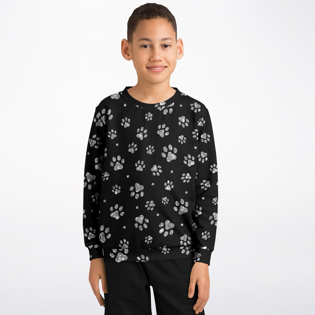 Kids Silver Faux Glitter Paw Print Sweatshirt – Ultra Soft & Stretchy, Cozy Fleece or Lightweight Sports Fabric Sweatshirt – Ultra Soft & Stretchy, Cozy Fleece or Lightweight Sports Fabric