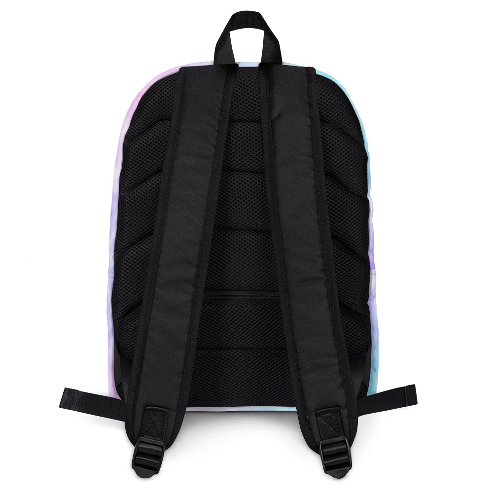 Sleek girls custom name faux tie dye backpack with iridescent finish black mesh back panels and padded straps shown from back