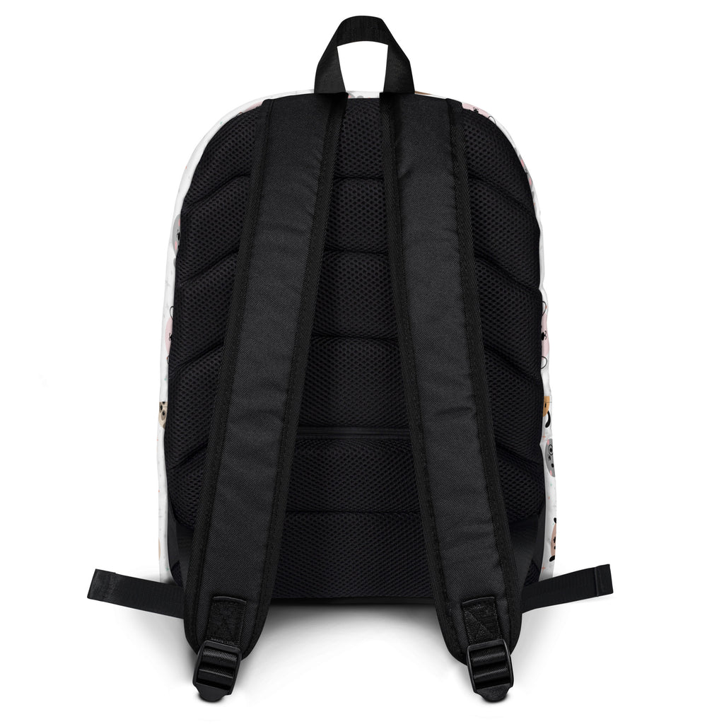 Back view of a black backpack with straps on a white background