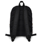 Back view of a black backpack with straps on a white background