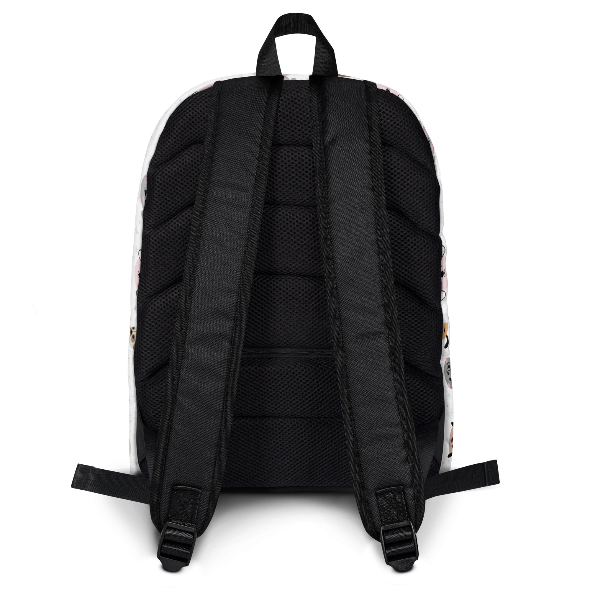 Back view of a black backpack with straps on a white background