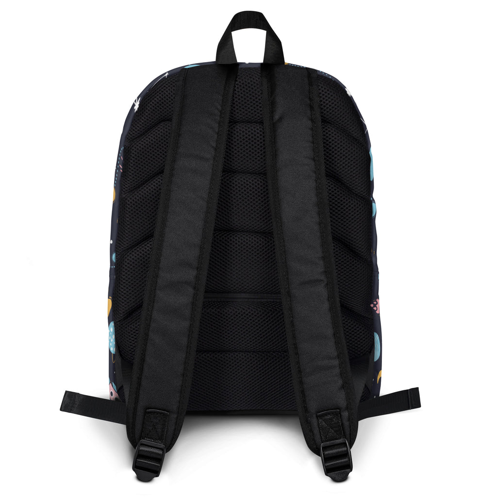 Kids outer space backpack black fabric with colorful whimsical patterns and padded mesh back panel shown from back side