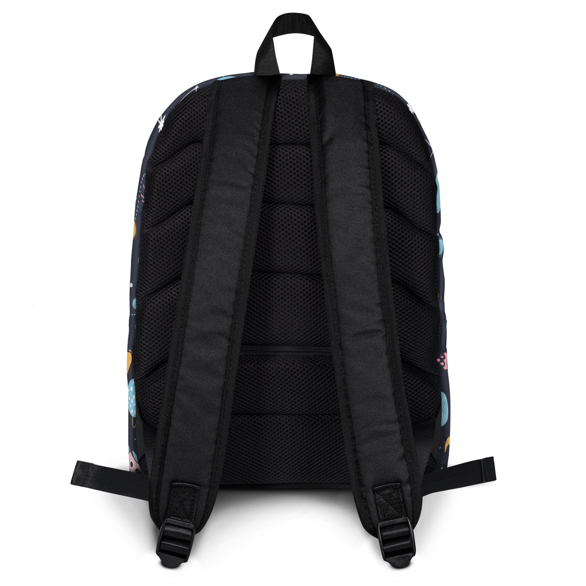 Kids outer space backpack black fabric with colorful whimsical patterns and padded mesh back panel shown from back side