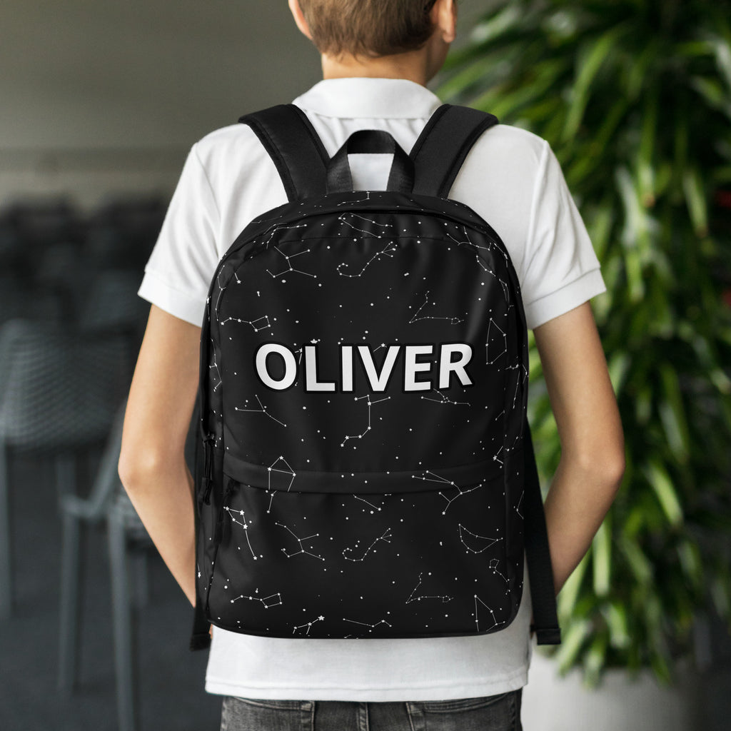 Kids custom name realistic constellations backpack in black with white star pattern and oliver printed on front