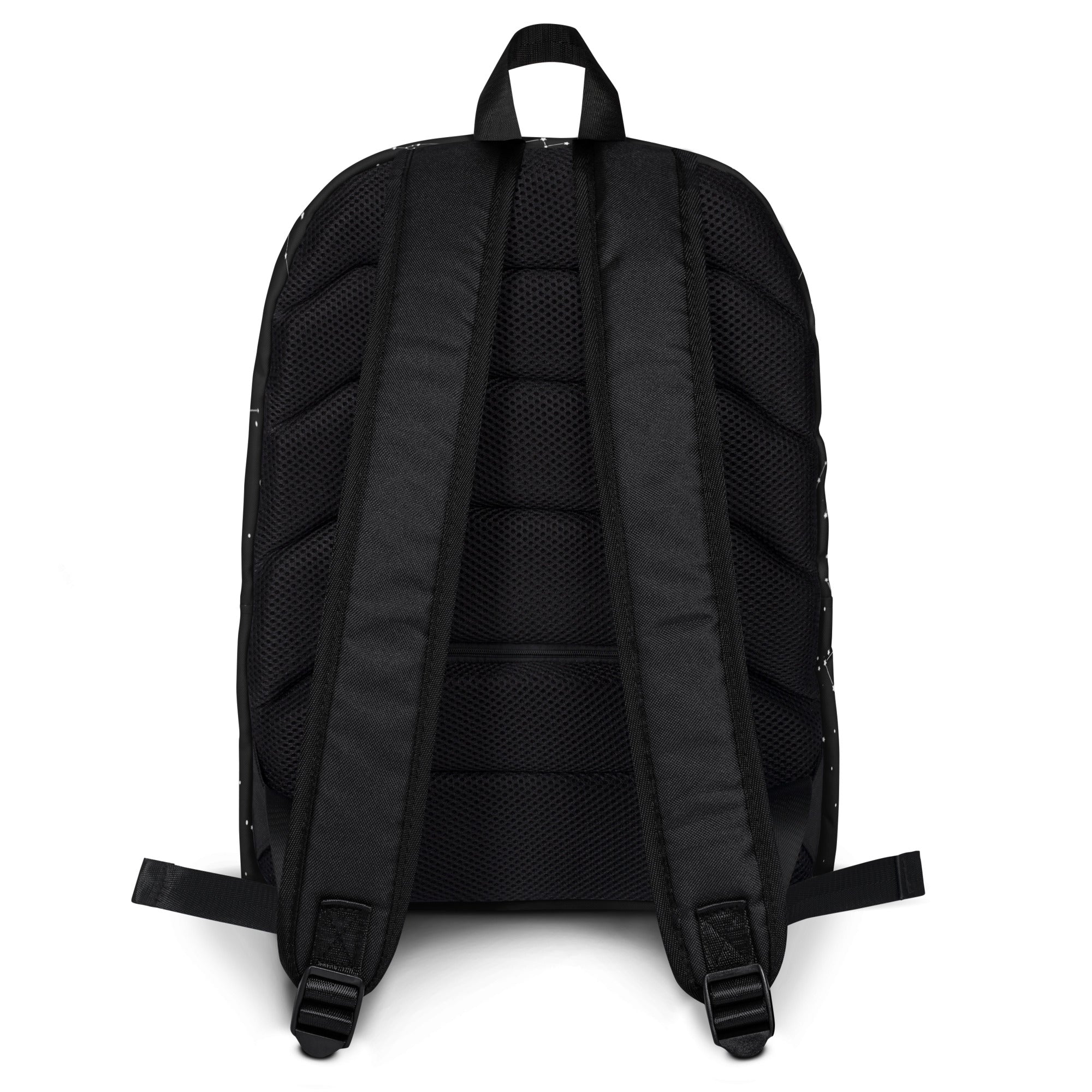 Black kids custom name realistic constellations backpack back side with mesh back panel and padded shoulder straps