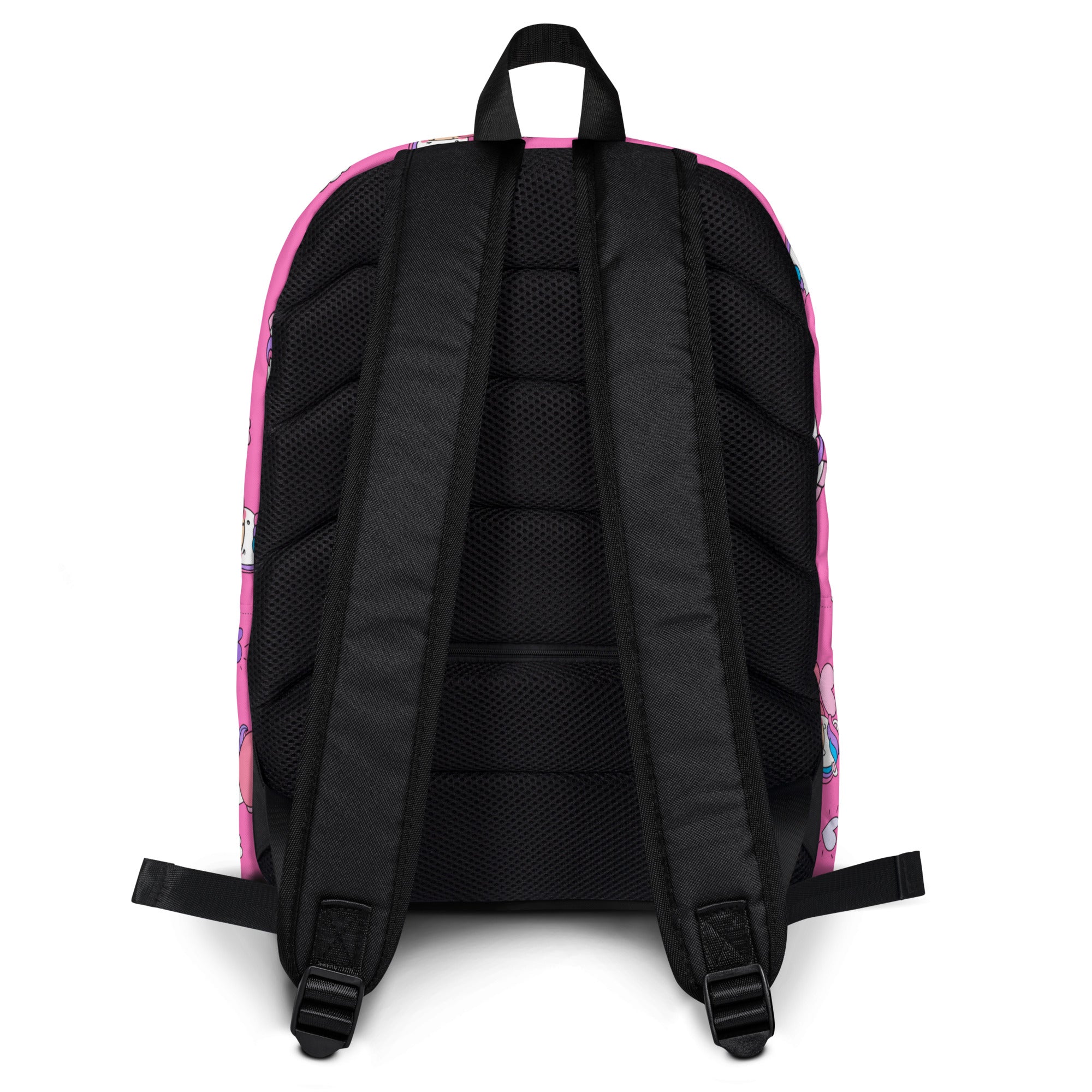 Pink girls unicorn hearts backpack with black mesh back panel and straps featuring cartoon character sides