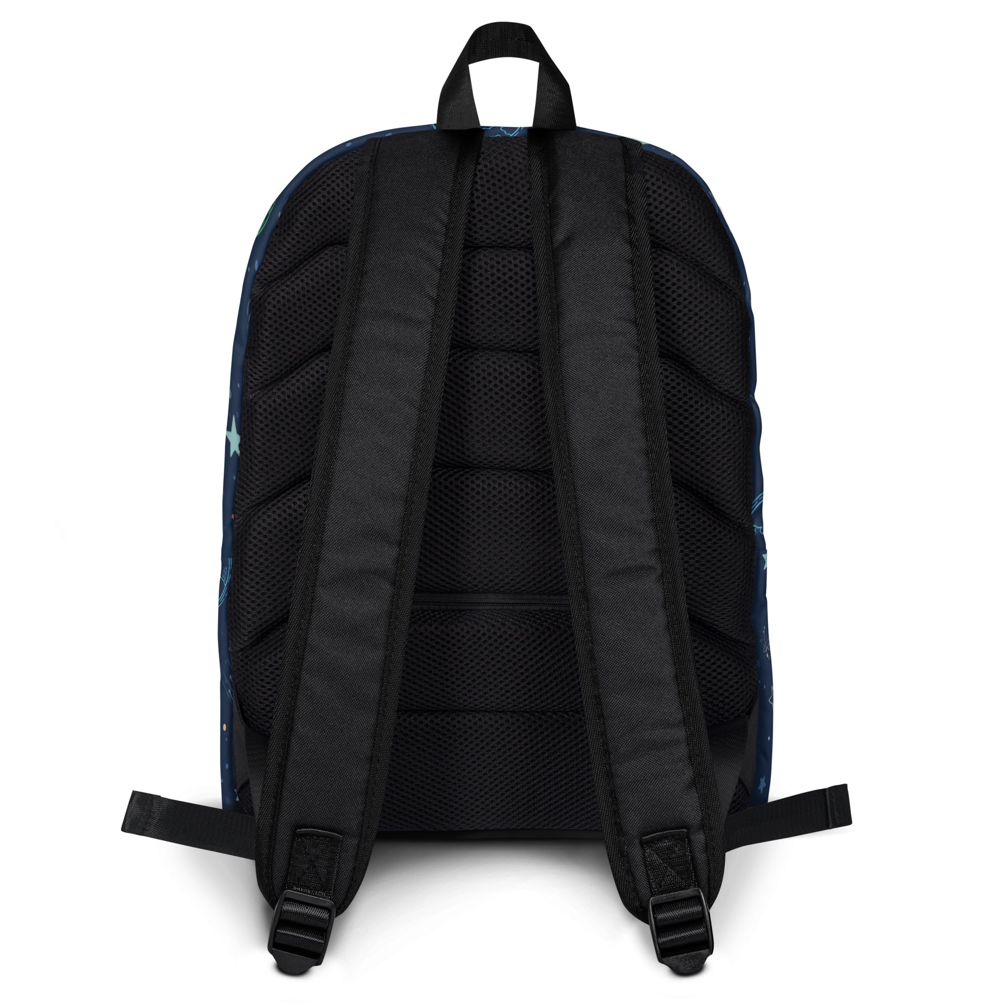 Black kids colorful galaxy space backpack with mesh back panel and star-patterned sides shown from the back