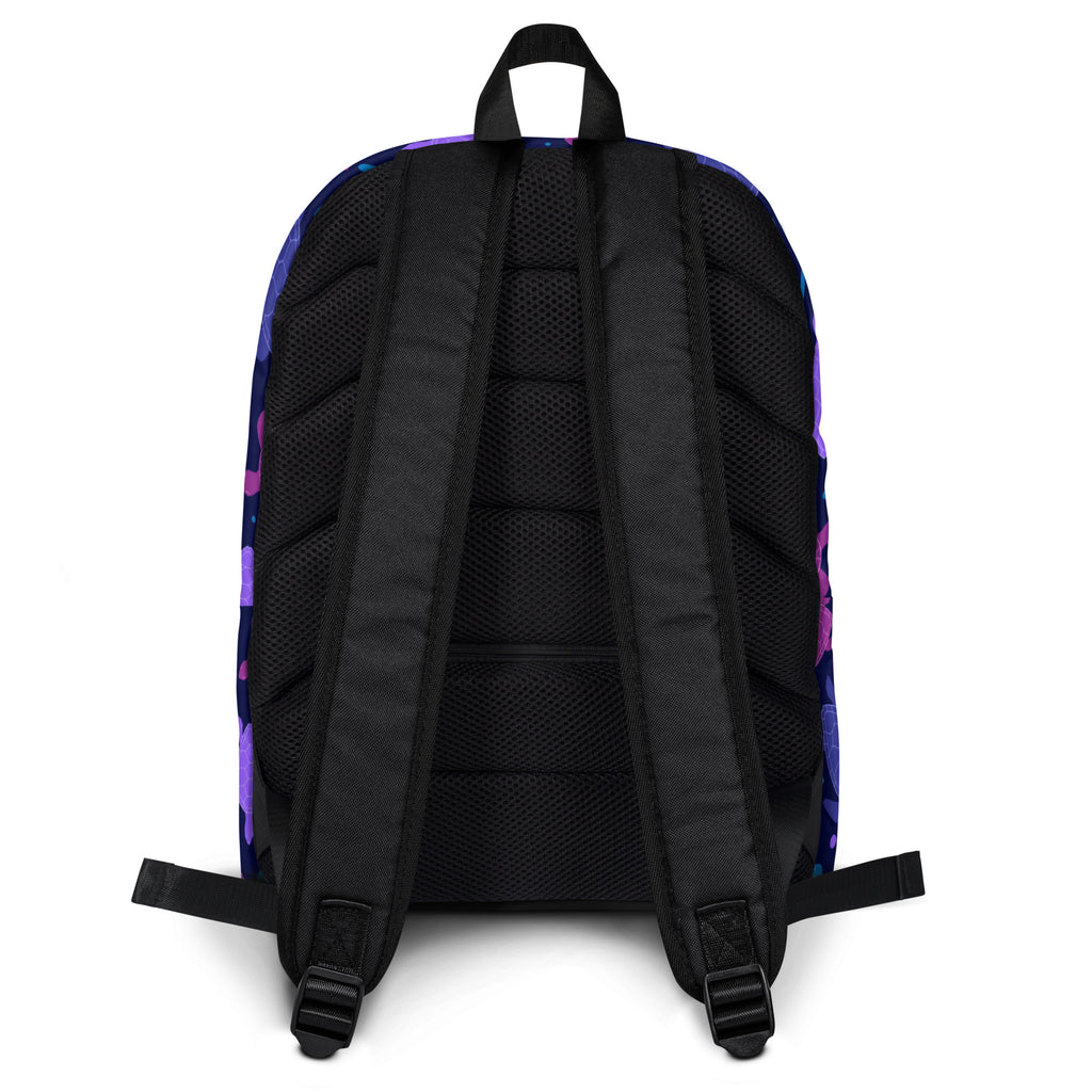 Girls purple sea turtle backpack showing back with purple and blue cosmic pattern and black mesh straps and panel