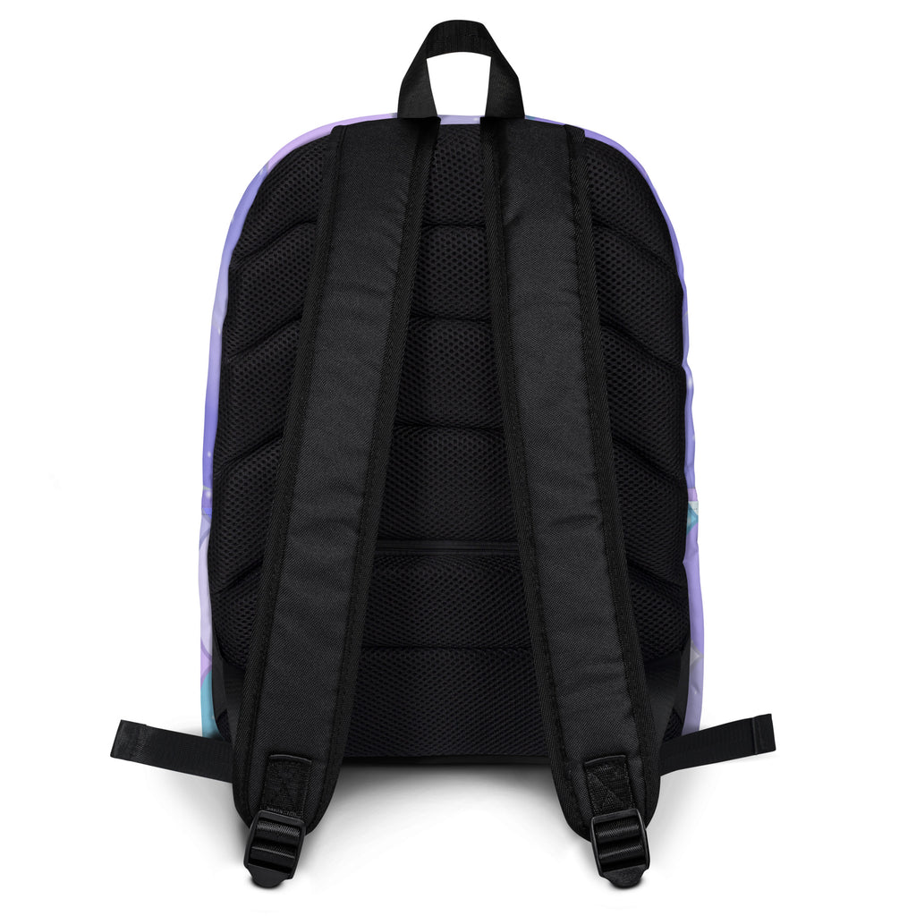Girls purple mermaid backpack showing back side with mesh panels and adjustable shoulder straps in pastel purple and black