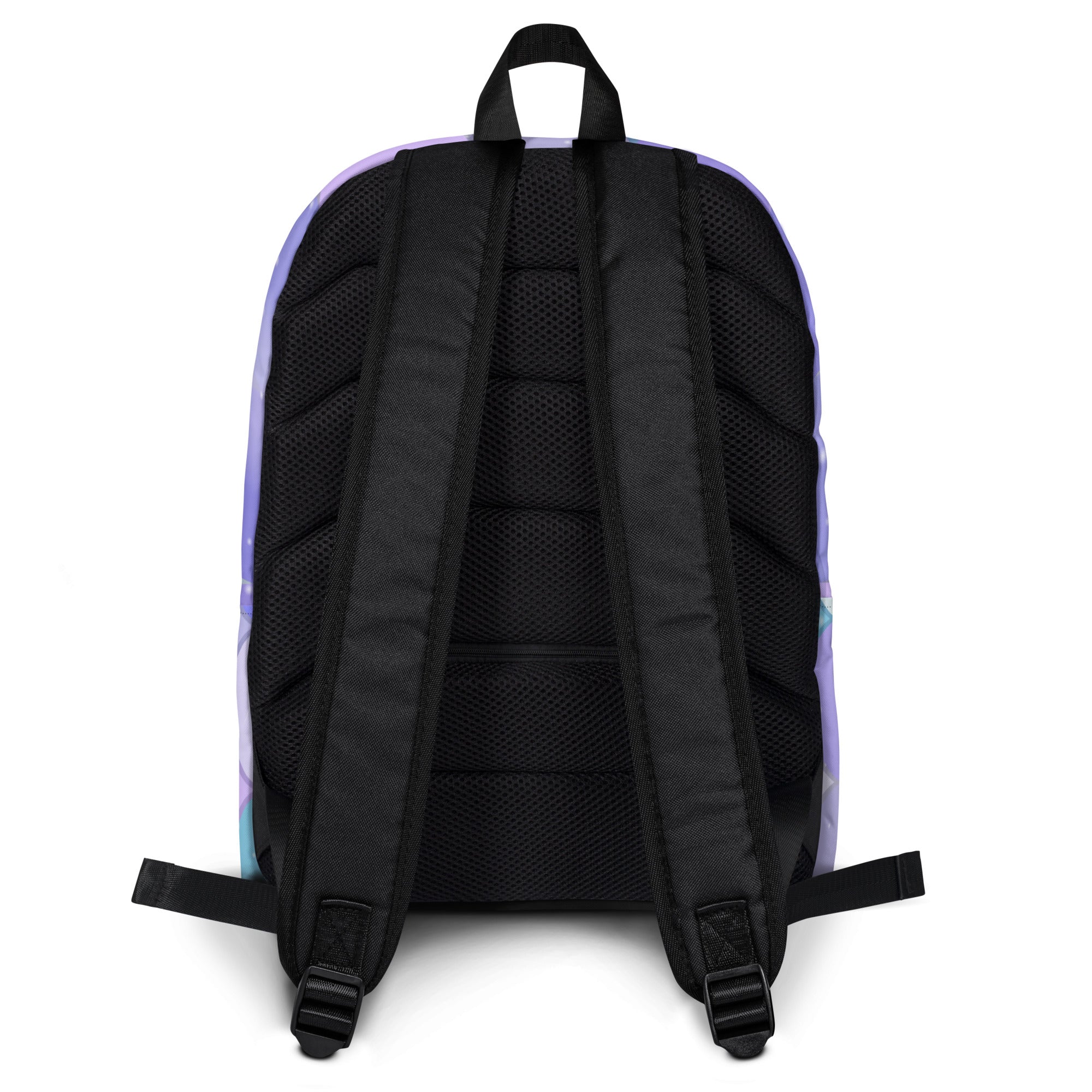 Girls purple mermaid backpack showing back side with mesh panels and adjustable shoulder straps in pastel purple and black