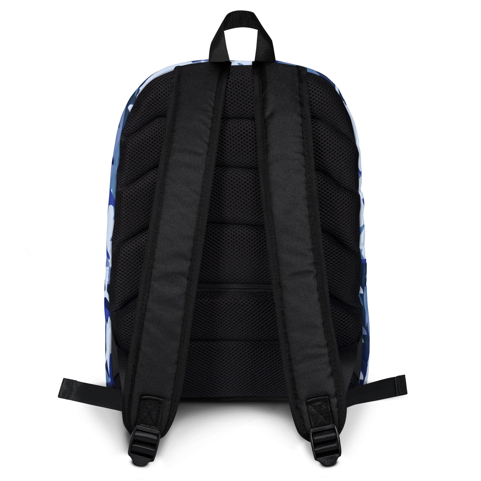 Kids blue sharks backpack with blue and white camouflage pattern and black mesh back panel shown from the back side