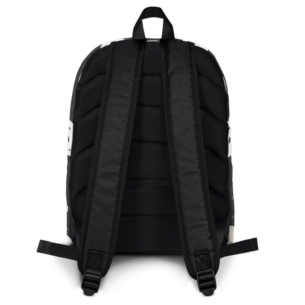 Black kids bear faces backpack with white accents and breathable mesh back panel shown from the back side