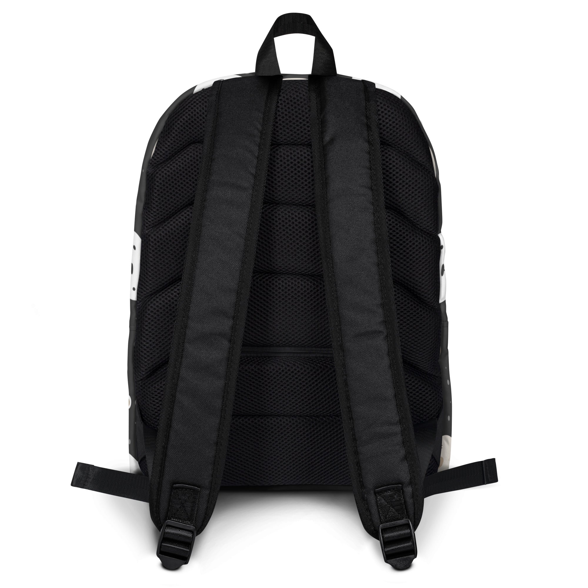 Black kids bear faces backpack with white accents and breathable mesh back panel shown from the back side