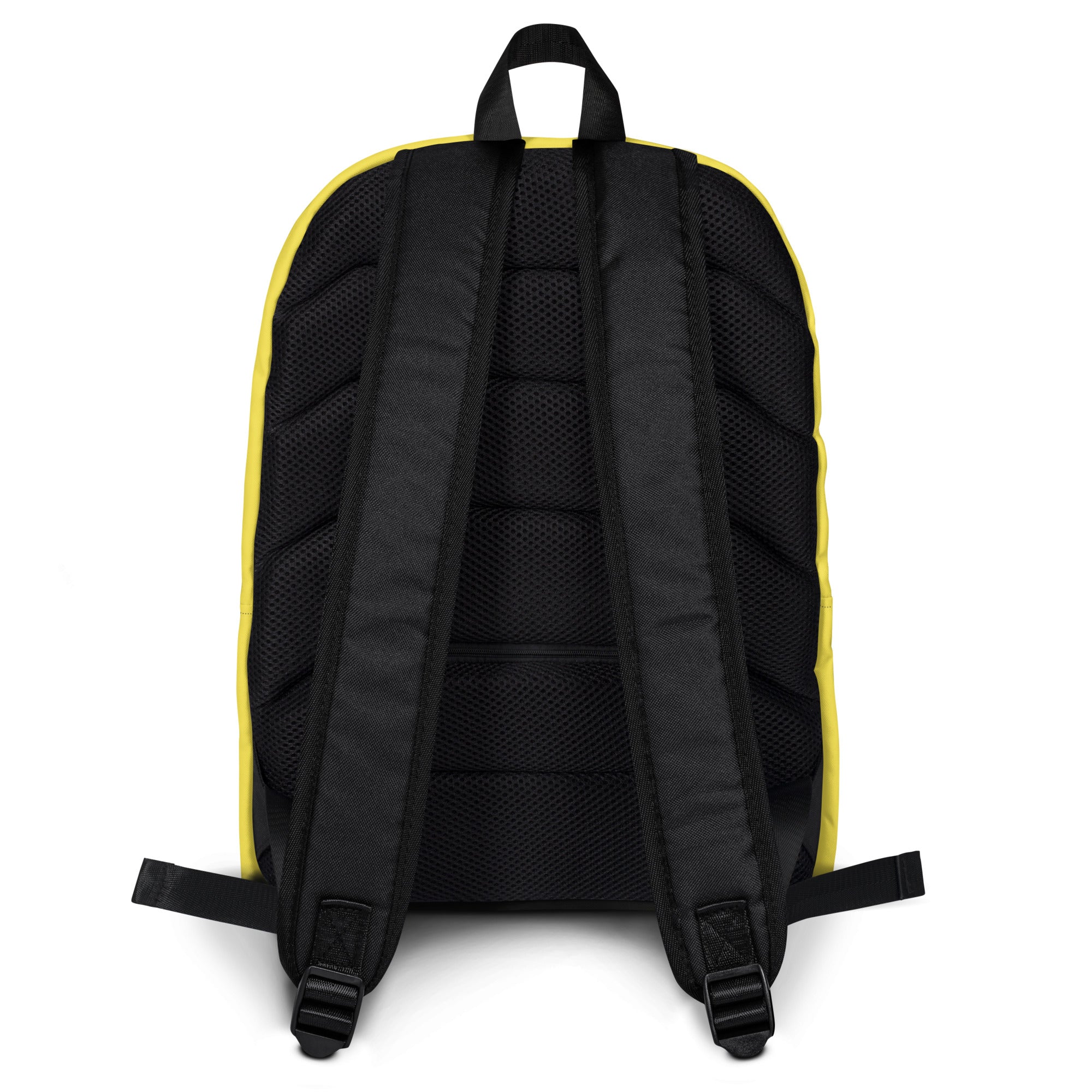 Back view of kids yellow backpack with black and yellow design mesh back panel and adjustable shoulder straps