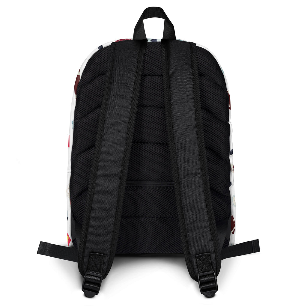 White kids sports themed backpack with black mesh back panel and shoulder straps and red maroon side accents viewed from back