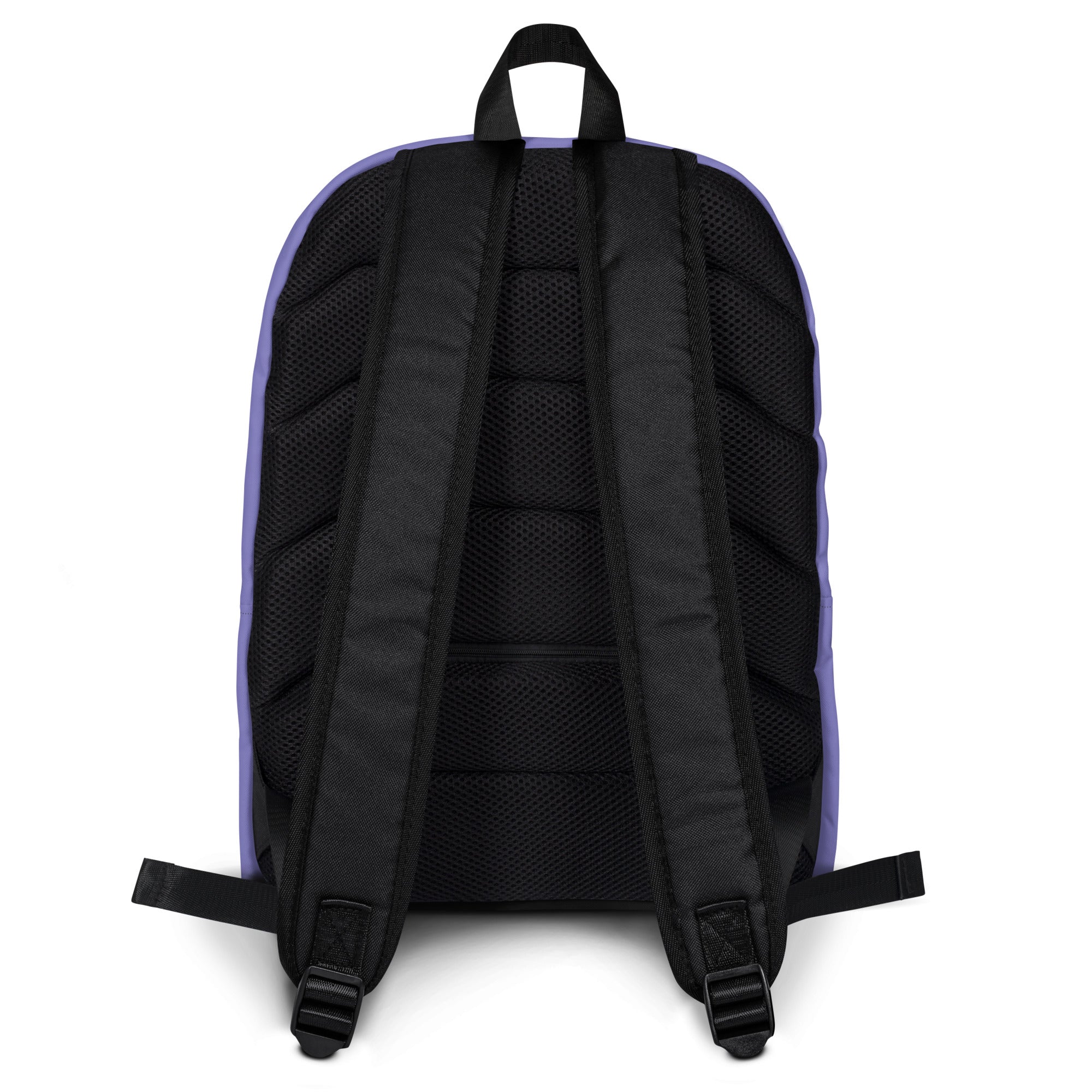 Girls purple backpack back side with mesh back panel and padded shoulder straps in purple and black colors