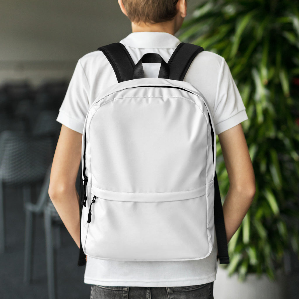 Kids white backpack with black straps and zipper pulls shown from the back side for everyday use