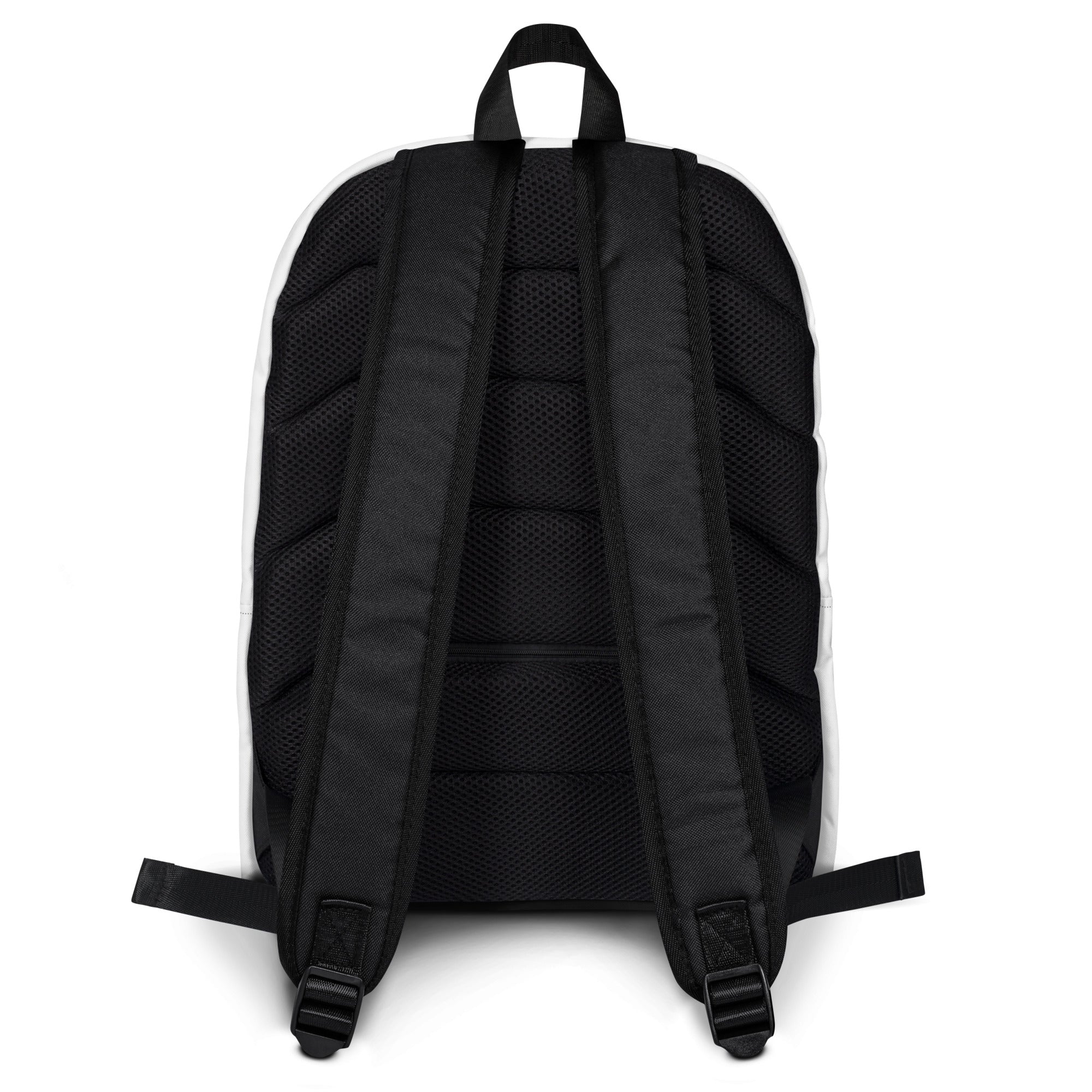Kids white backpack back side showing black and white design with mesh back panel and padded shoulder straps