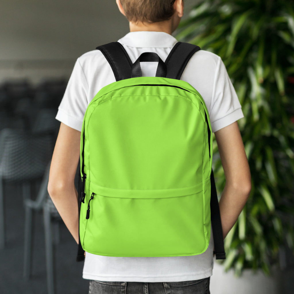 Kids lime green backpack with bright lime green color and black straps and zipper pulls for everyday use