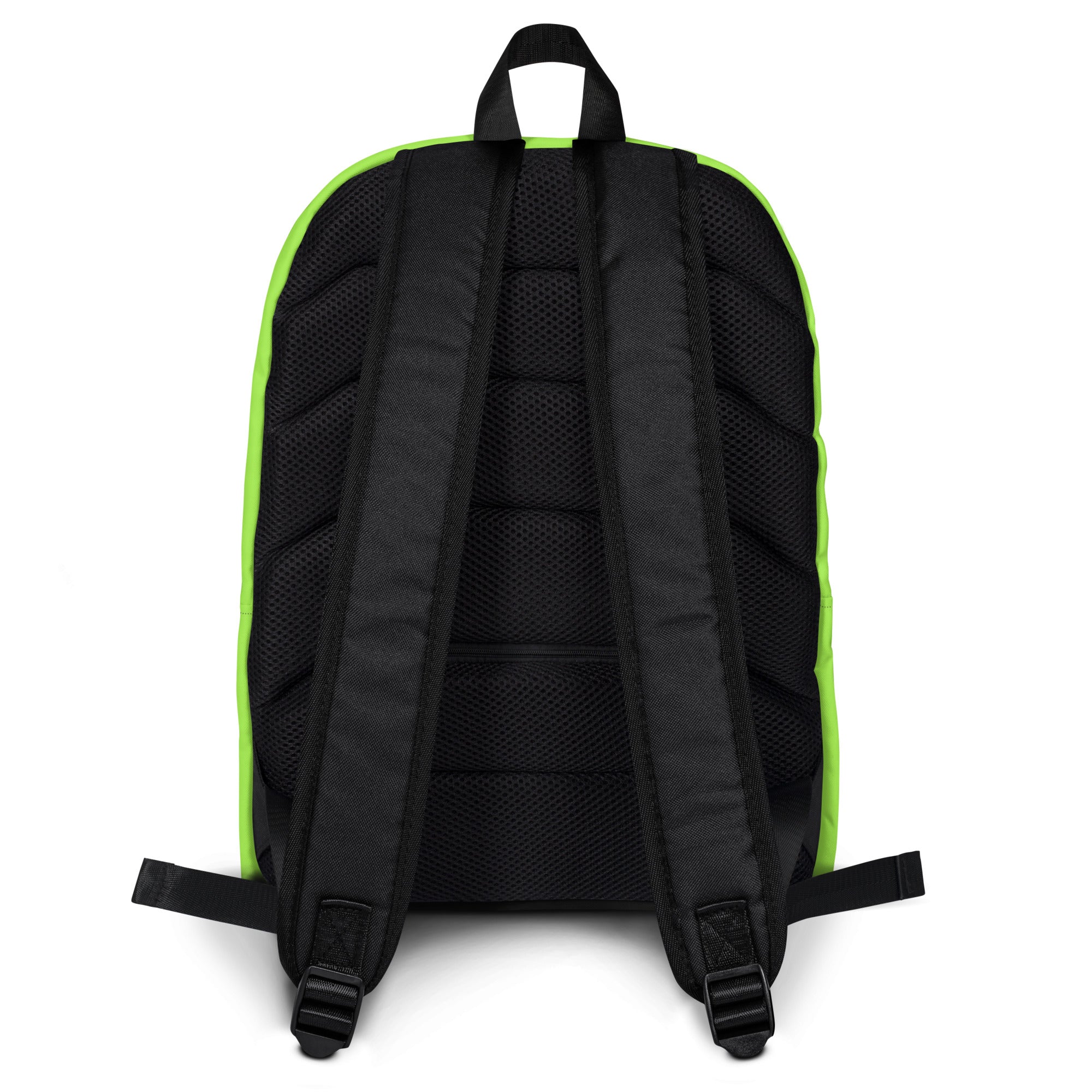 Black and neon green kids lime green backpack with mesh back panel and adjustable shoulder straps shown from back side