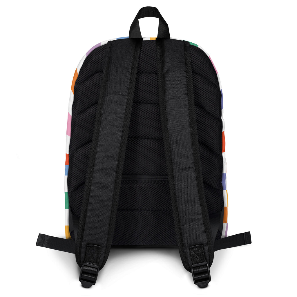 Kids rainbow checkerboard backpack black with colorful vertical stripes and breathable mesh back panel shown from back